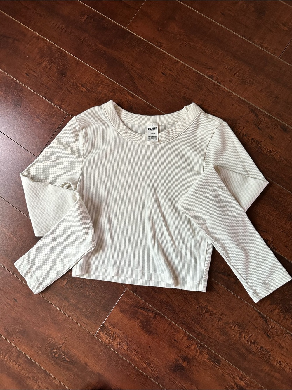 PINK Victoria's Secret Ribbed Long-Sleeve Crop Top in Cream - Picture 6 of 8